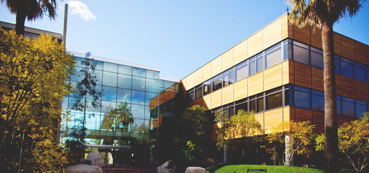 An office building at Esri headquarters in Redlands, framed by palm trees and other vegetation