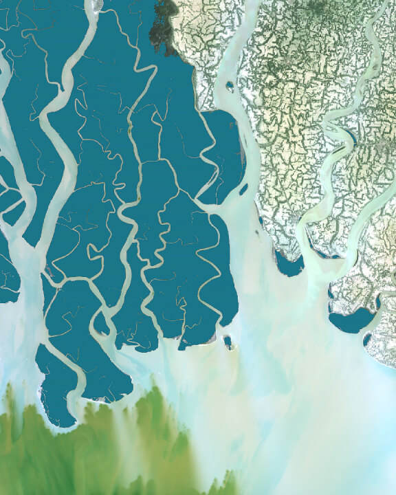 A satellite imagery map in white and aqua blue