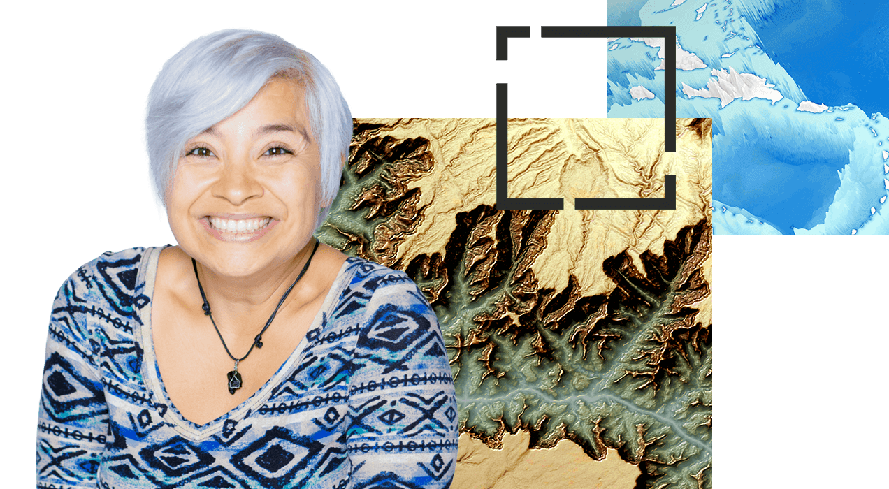A smiling person in a blue patterned shirt with a graphic background of several colorful maps