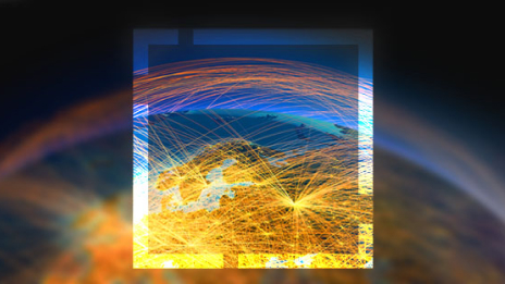 A graphic of a colorful globe criss-crossed with golden webs of connections