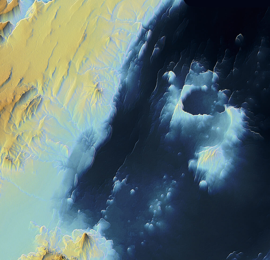 A contour map of a mountain range in green, white, and blue