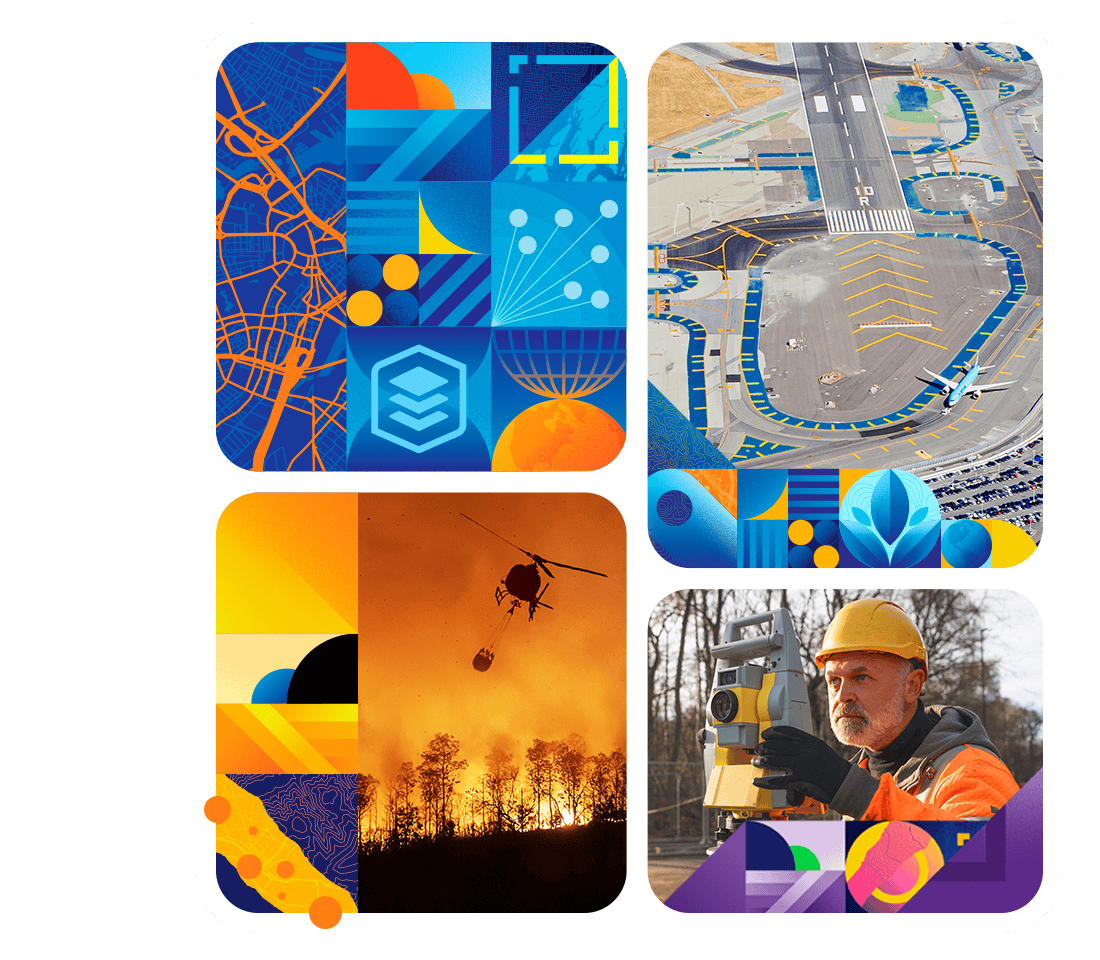 Photo montage depicting a helicopter dropping water on a fire, a surveyor using a theodolite, and an overhead view of an airport