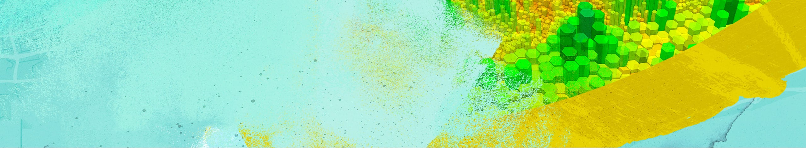3D hexagonal map along a coastline with green and yellow columns showing varying data density