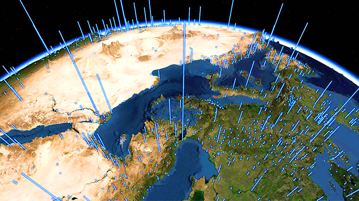 Map of the globe with vertical lines representing climate resilience and reduction opportunities