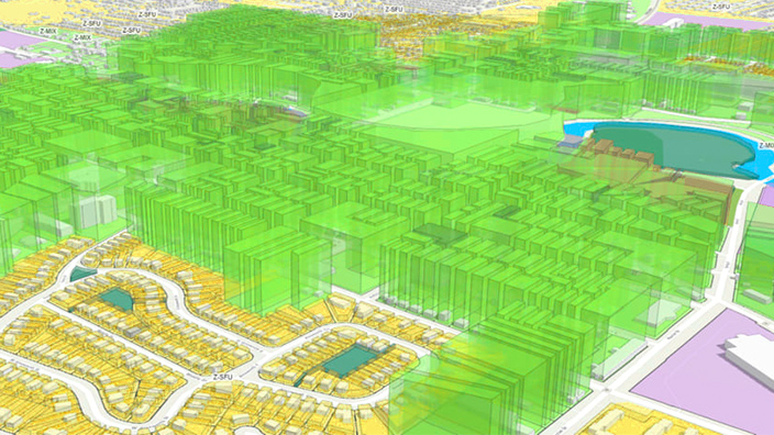 A digital representation of a city showing potential projects overlaid on existing buildings.