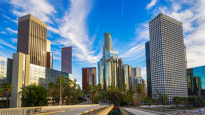 A view of Los Angeles city skyscrapers