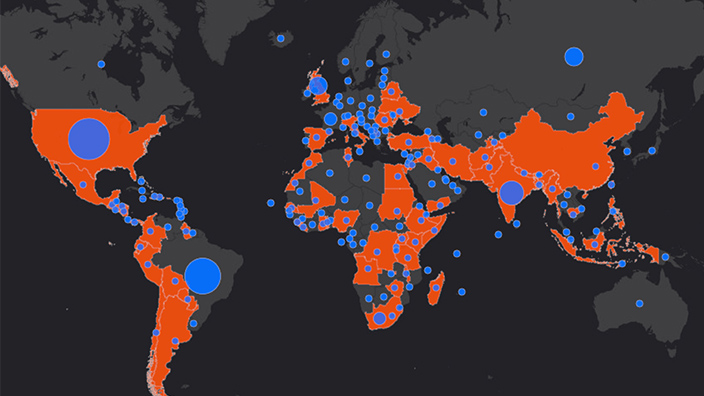 A simple world map with areas selected in red and blue to represent Direct Relief’s COVID-19 response operations