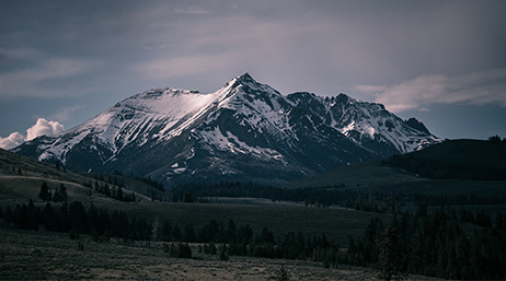 A snow-covered mountain and rolling green foothills dotted with trees under a partly cloudy sky