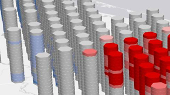A 3D map showing space-time-traffic accident trends, with areas of high incidents marked in red