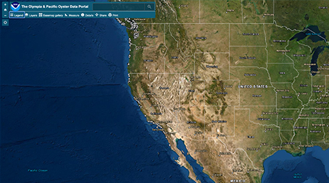 A topographic map of the U.S. beside a large blue expanse of the Pacific Ocean with a small menu bar of analysis options