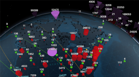 Black map of the globe with colorful 3D plot points spread across various locations