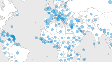 White map of the globe with blue location dots spread all over
