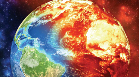 Digital graphic of Earth with one half on fire