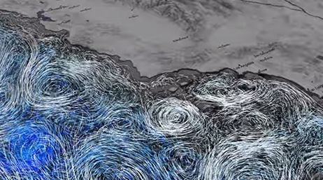 A grey map with many circular shapes emulating weather patterns