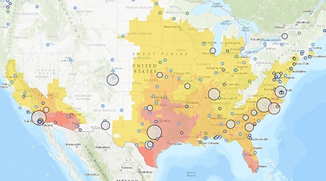 A light colored map of the United States with sections colored in yellow, orange, and red to note areas of heat in varying intensity