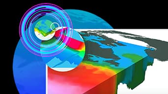 A multicolored 3D visualization overlaid on a black background and blue circle with two circular overlays of similar visualizations on top of it