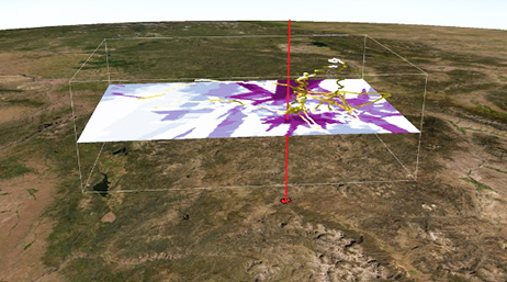 A top-down view of a section of the Earth overlayed with a 3D rectangular model visualizing interpolated surfaces at various altitudes