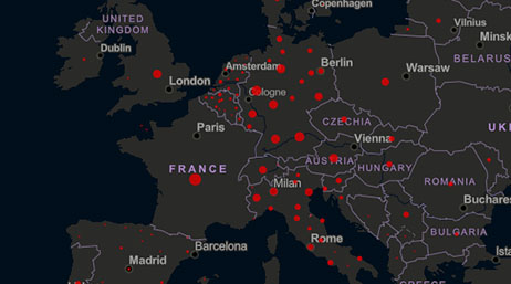A concentration map of Europe with red points on a gray background