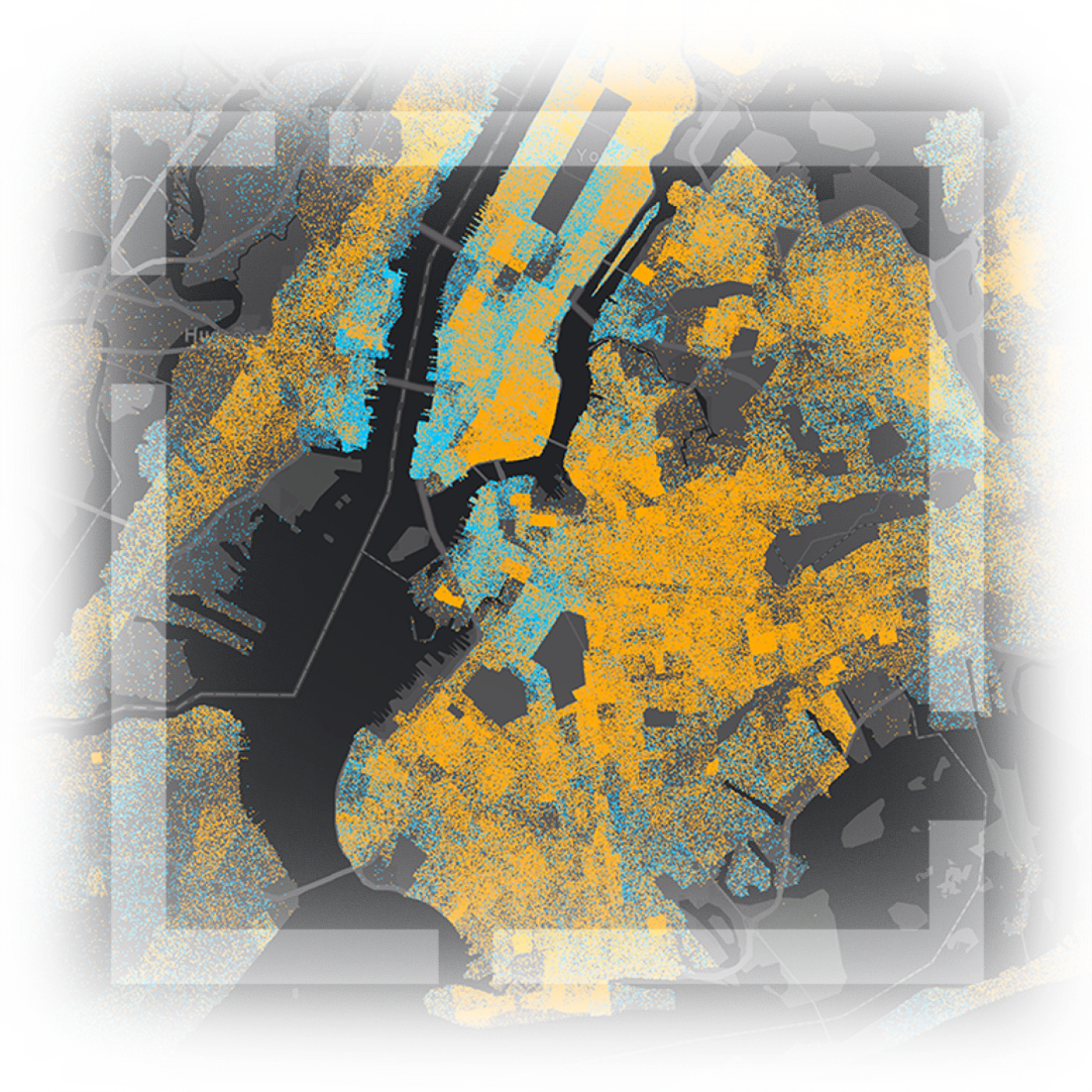 A gray digital map with blue and orange dot overlayed on top with a transparent white square framing the map