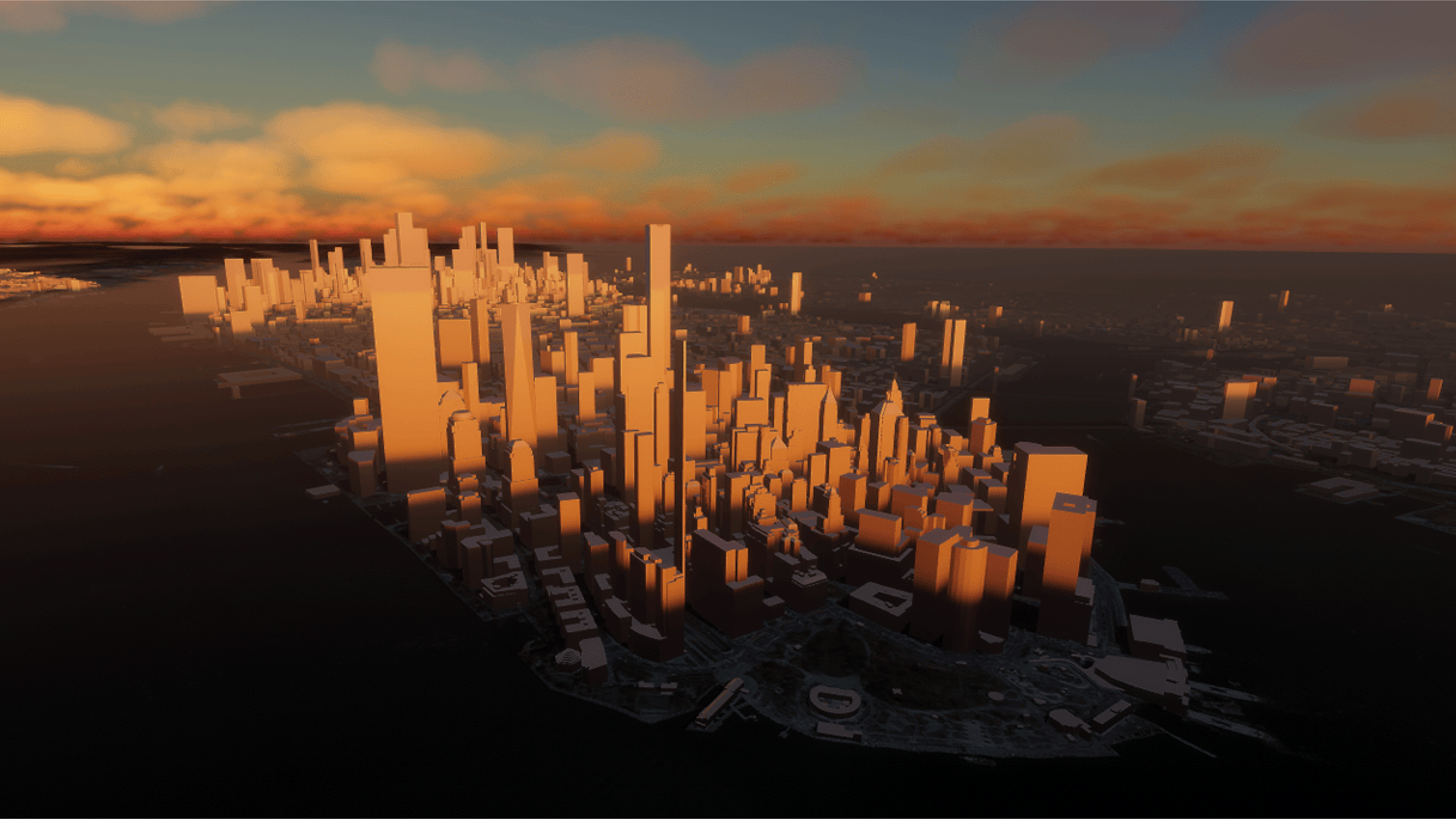 A digital rendering of a city skyline with many buildings at sunset