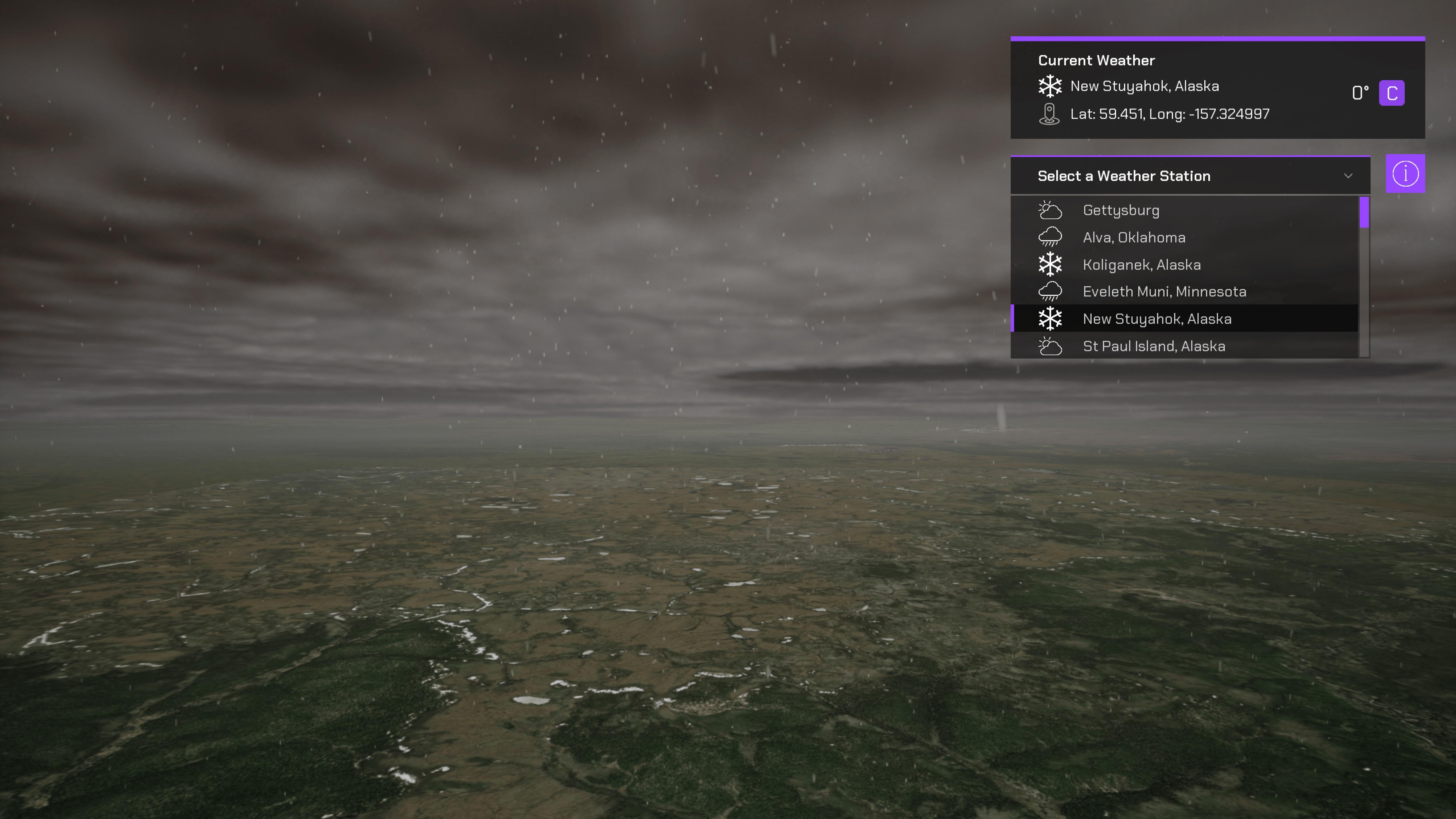 A snowy, overcast day in New Stuyahok, Alaska, with a weather app displaying the current temperature in the region