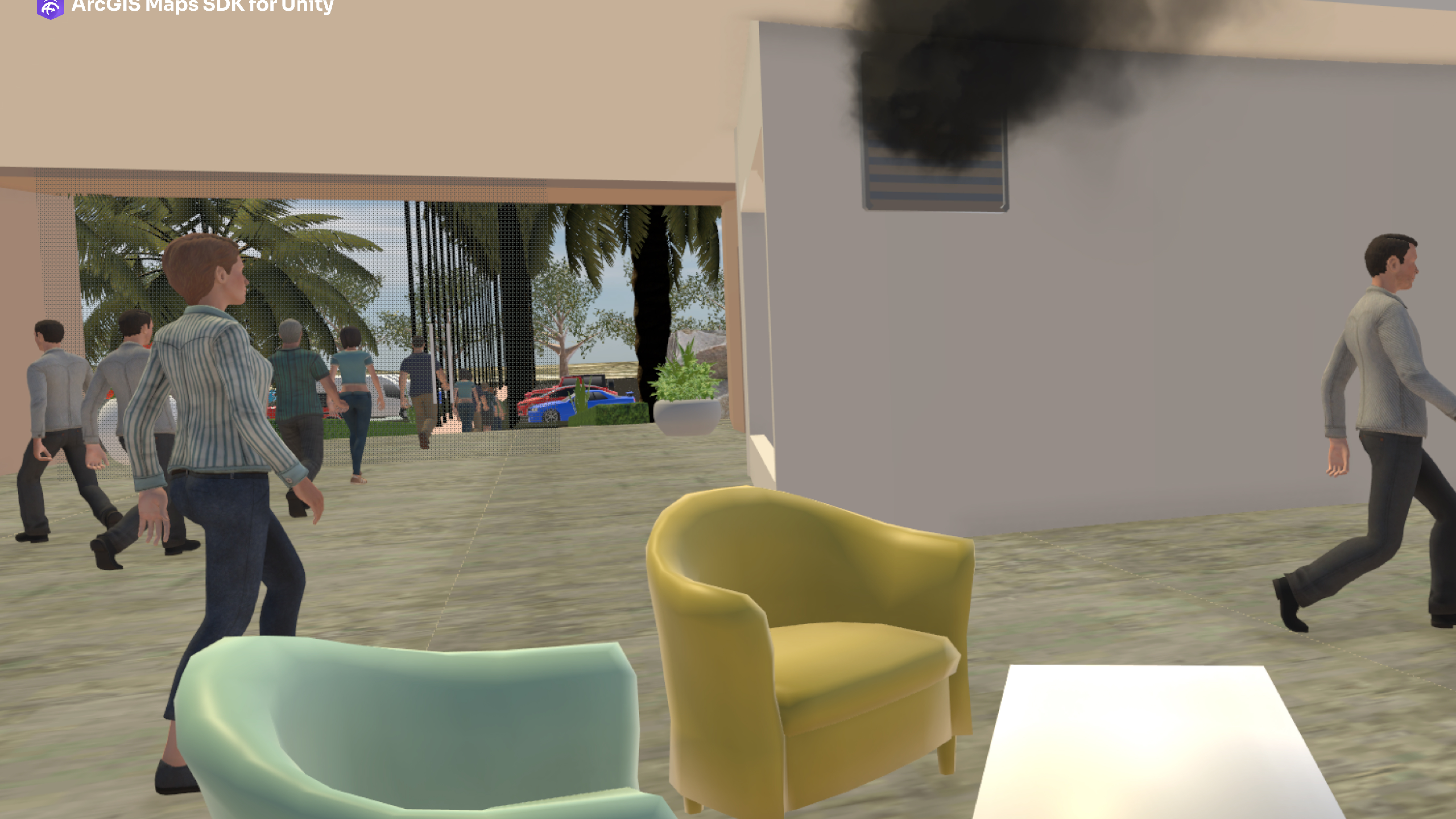 3D rendering of a living room with two armchairs, a table, and people against a backdrop of a tropical landscape  