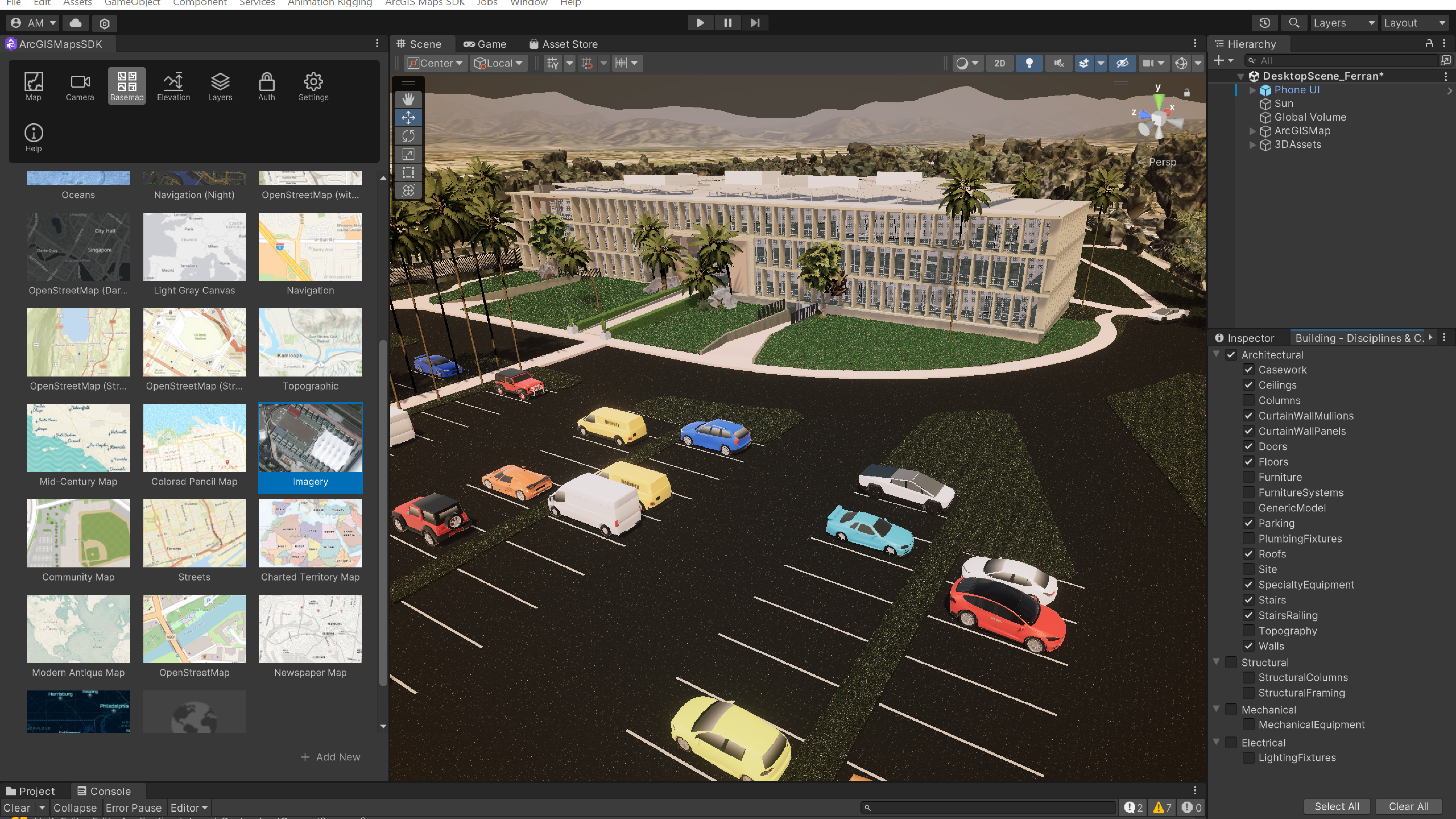 3D model of a building with parking lot and cars in a game engine with inset images and text