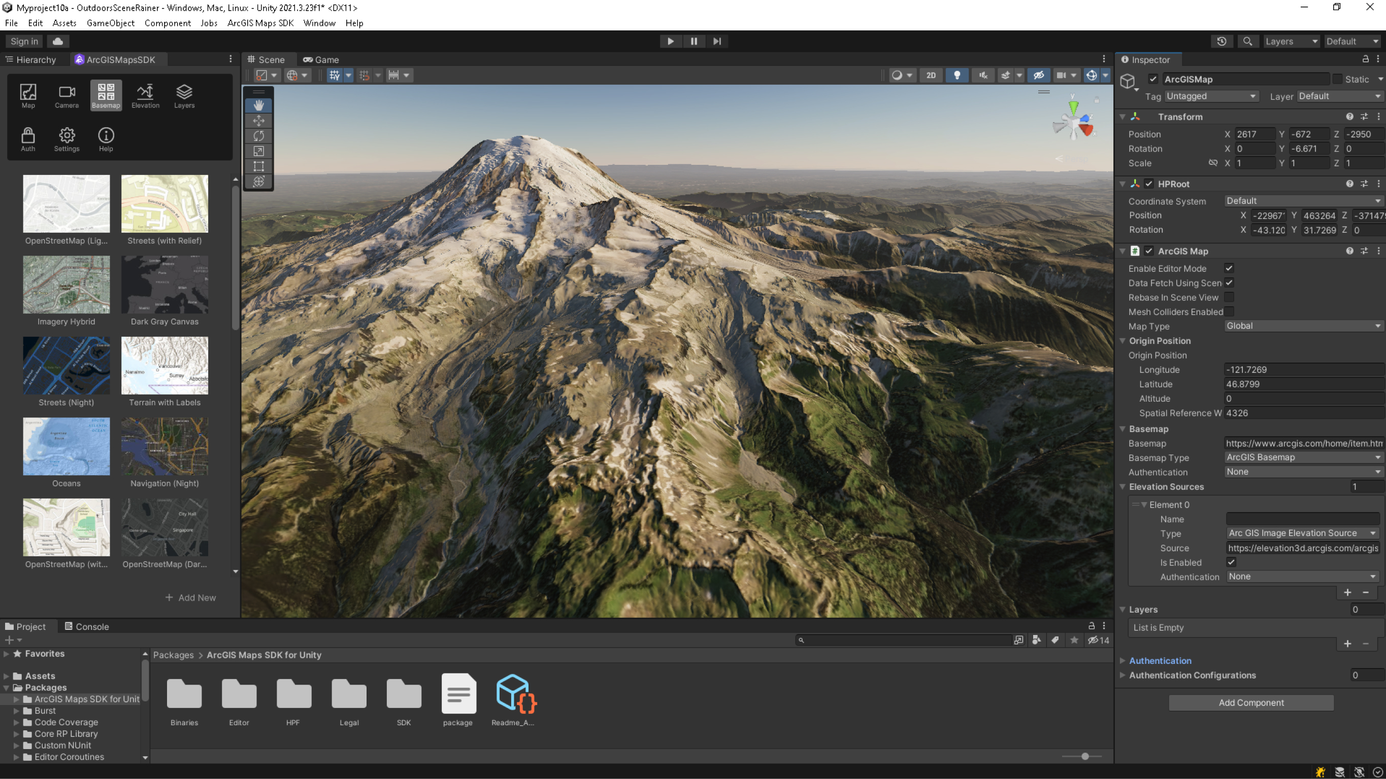 3D rendering of a mountain range in a game engine with a detailed view of the interface for ArcGIS Maps SDK for Unreal Engine
