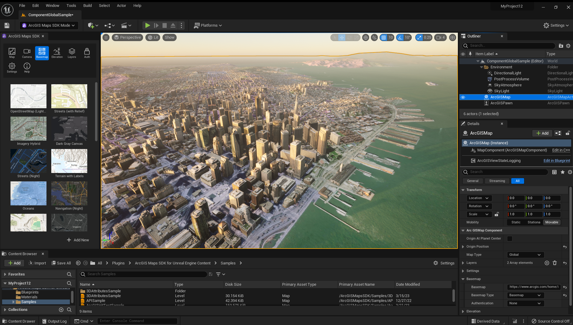A screenshot of the Unreal Engine interface including a realistic model of a city surrounded by menu panes and toolbars