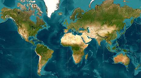 A map of Earth’s continents made of satellite imagery in realistic green and beige with blue-green oceans