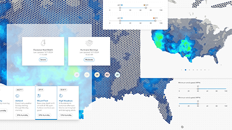 A composite image with a stylized map of the United States, overlaid with a blue and green heat map of the same, along with several small popup windows with weather statistics and warnings