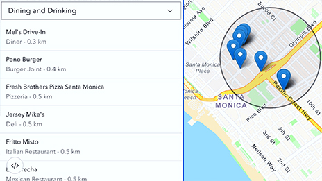A screencap with a list of area restaurants on the left and a city map scattered with corresponding map points on the right
