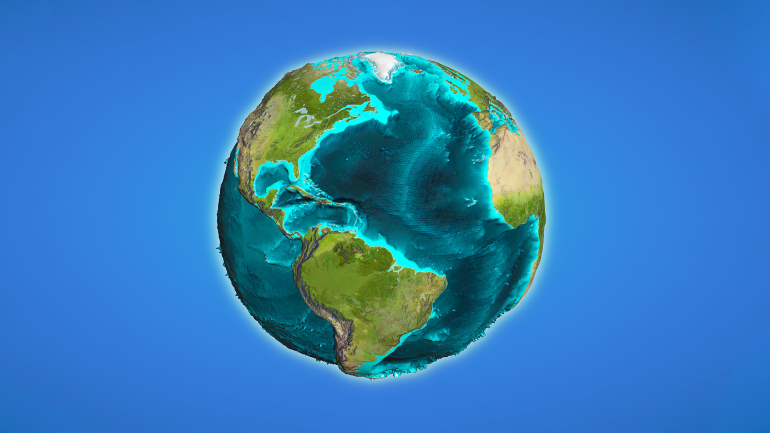 A 3D model of the earth, centered on North America, with a blue background