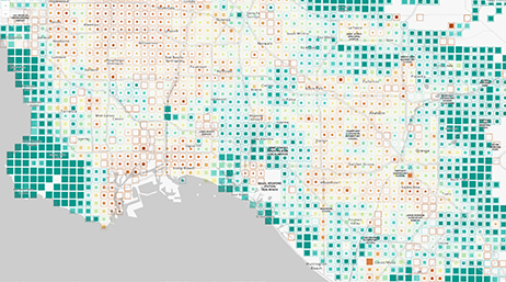 A heat map of California with areas of concentration shaded with teal and brown squares