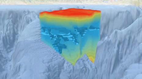 A voxel layer in red, yellow, and blue surrounded by gray showing oxygen levels below the sea surface in Monterey Bay, CA