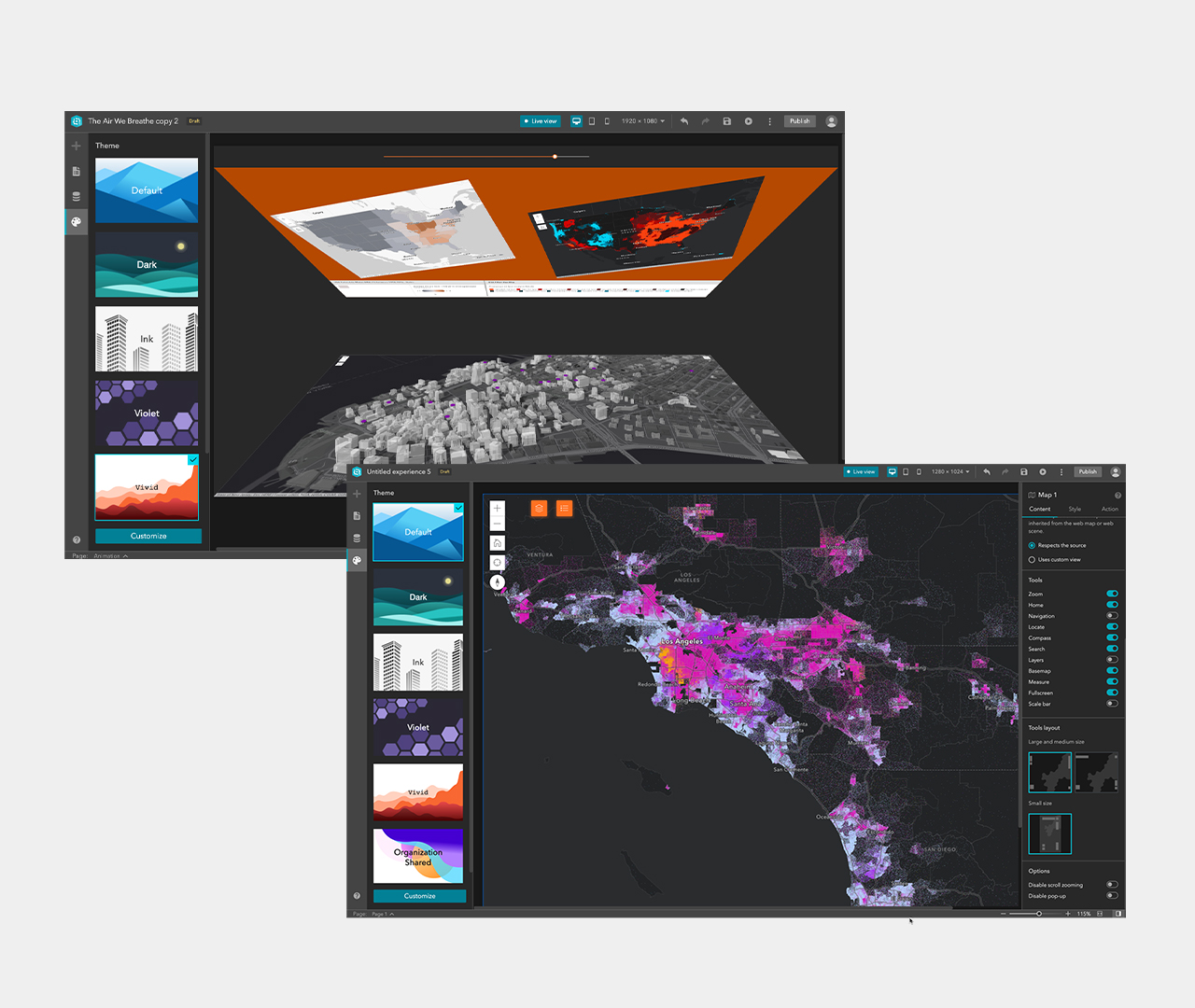 Image of the Web Map Builder and the Experience Builder on two device screens