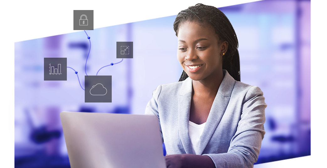 A professional woman working on a laptop with connected icons of a lock, cloud, and bar graph