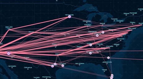 A dark blue map of the upper mid-east region of North America overlaid with red lines to note flight paths, mapped using Esri’s ArcGIS LocateXT software.