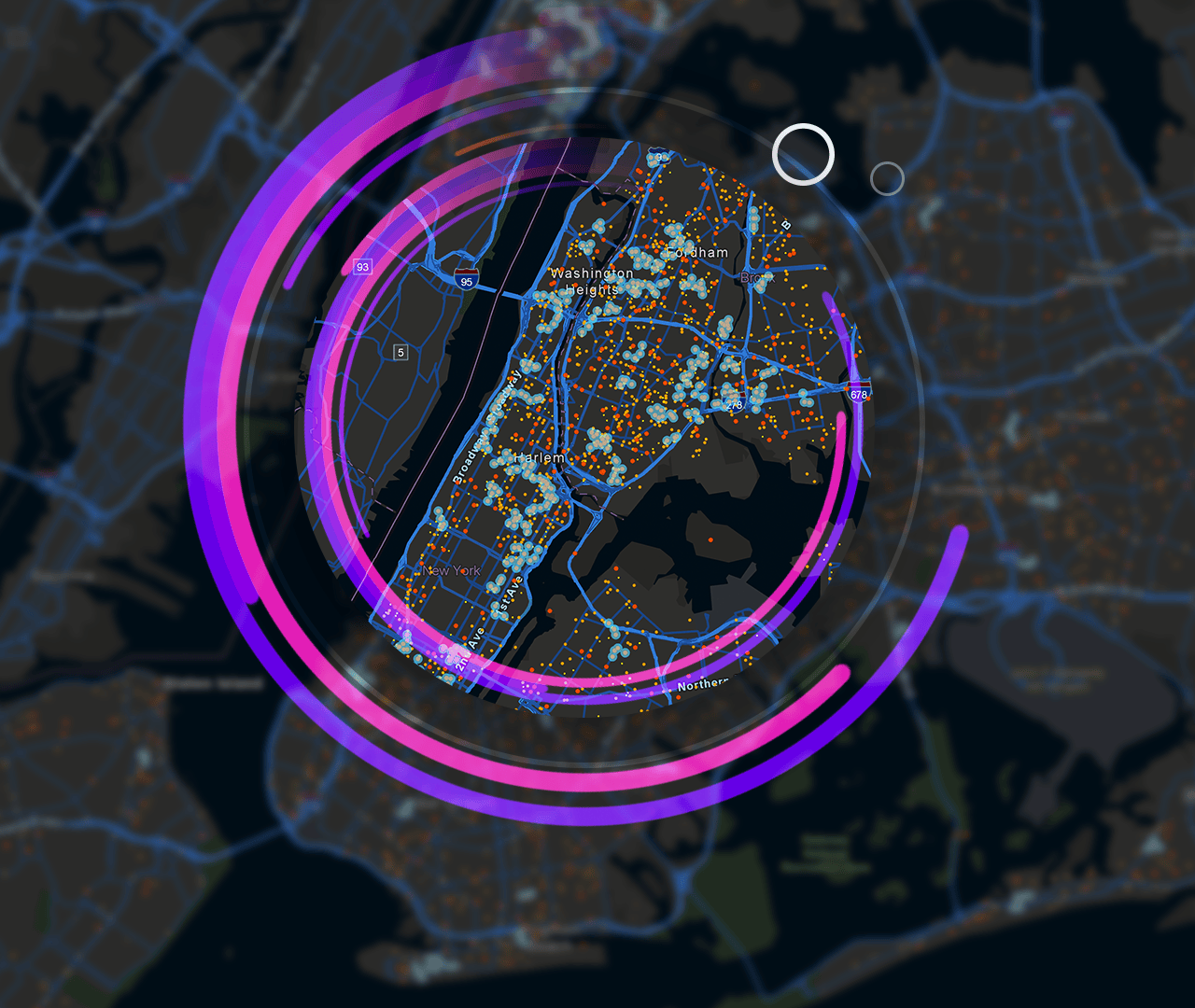 Graphic of a gray and blue city map scattered with bright yellow and blue point clusters, overlaid with a series of pink and purple concentric circles giving a lens effect