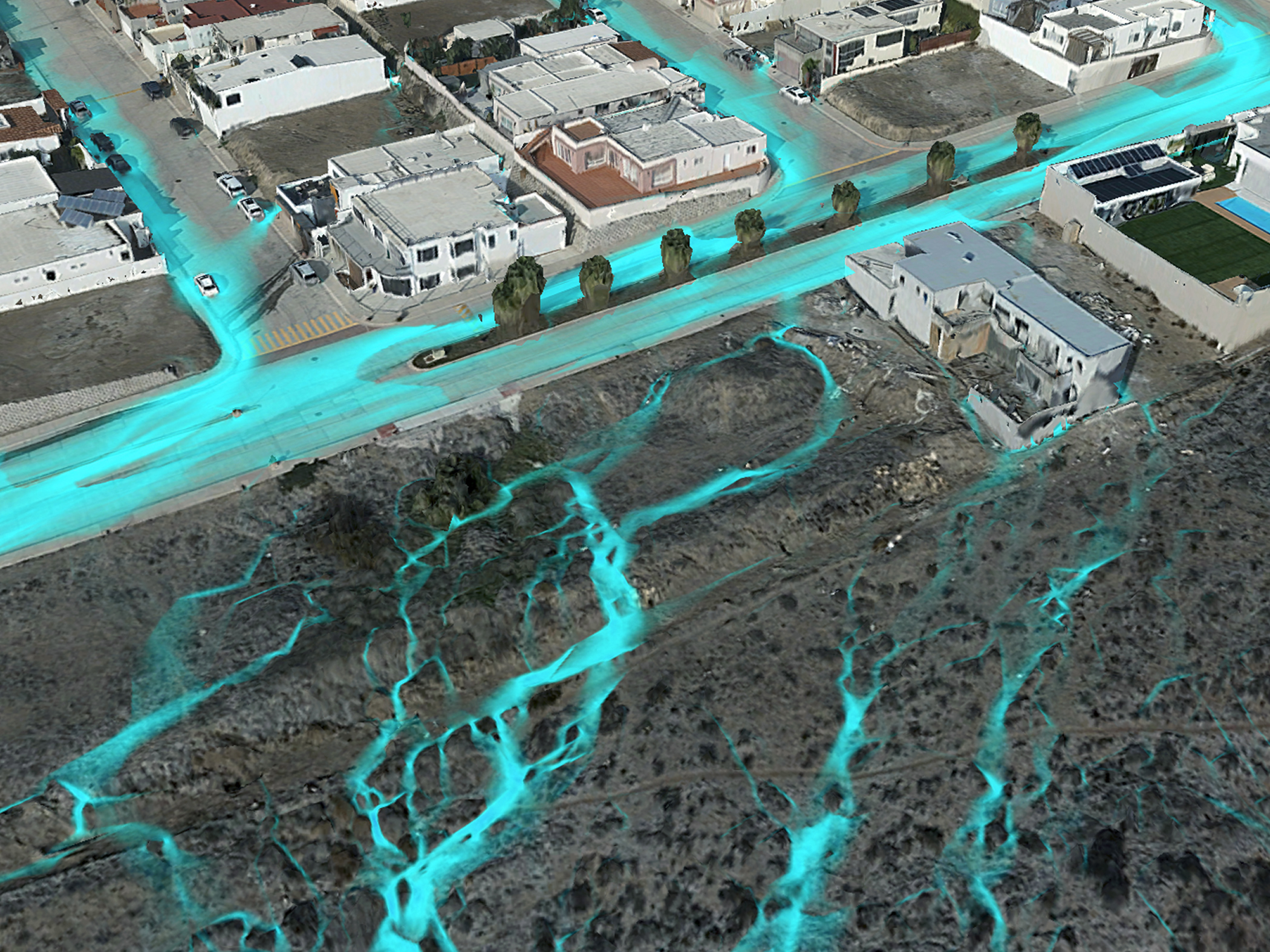 Blue shading shows data science capabilities in ArcGIS Pro being used to run a flood simulation around buildings and vegetation