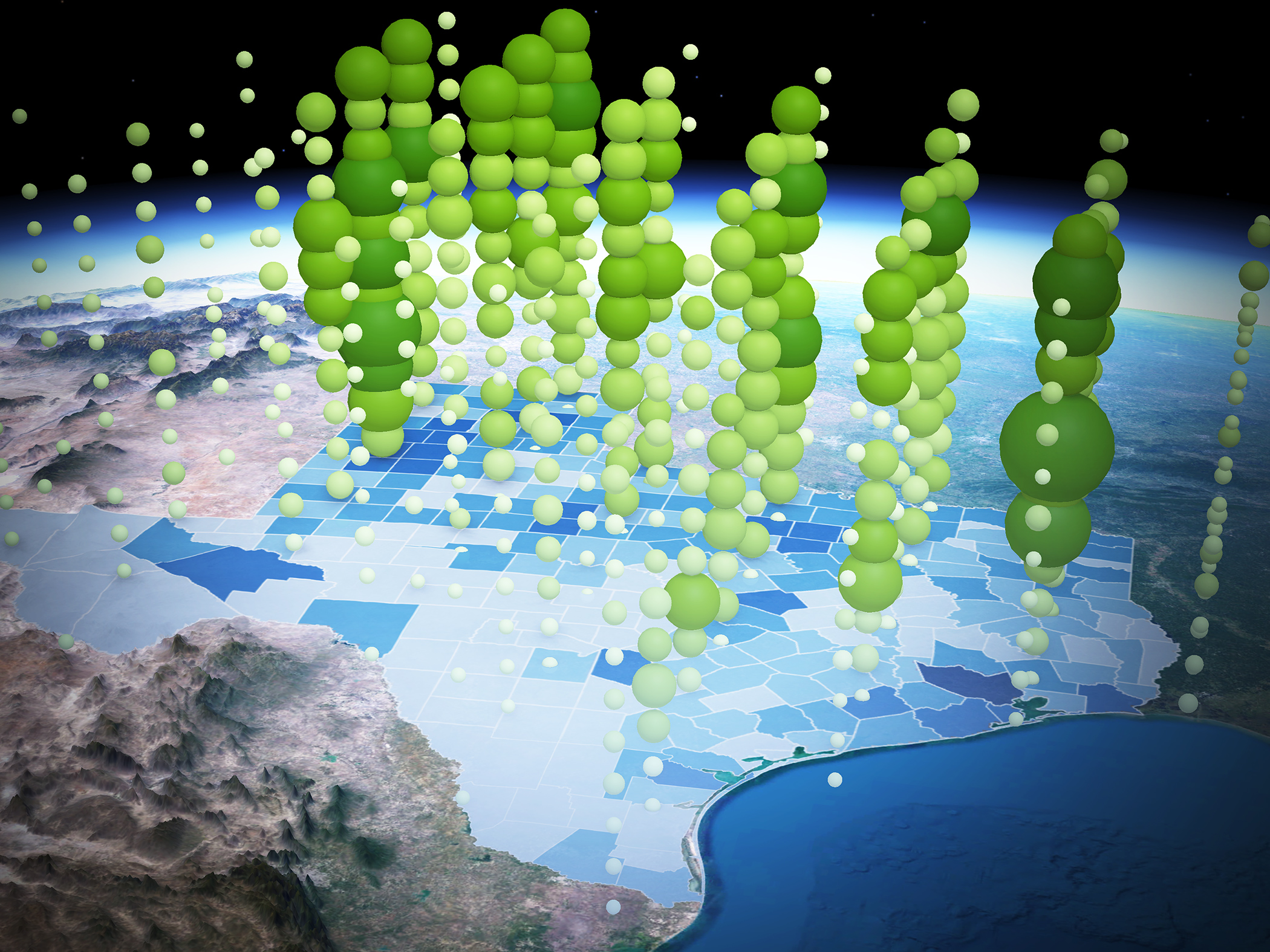 A 3D space-time cube showing tornado frequency by county in Texas, made with geospatial tools in ArcGIS Pro