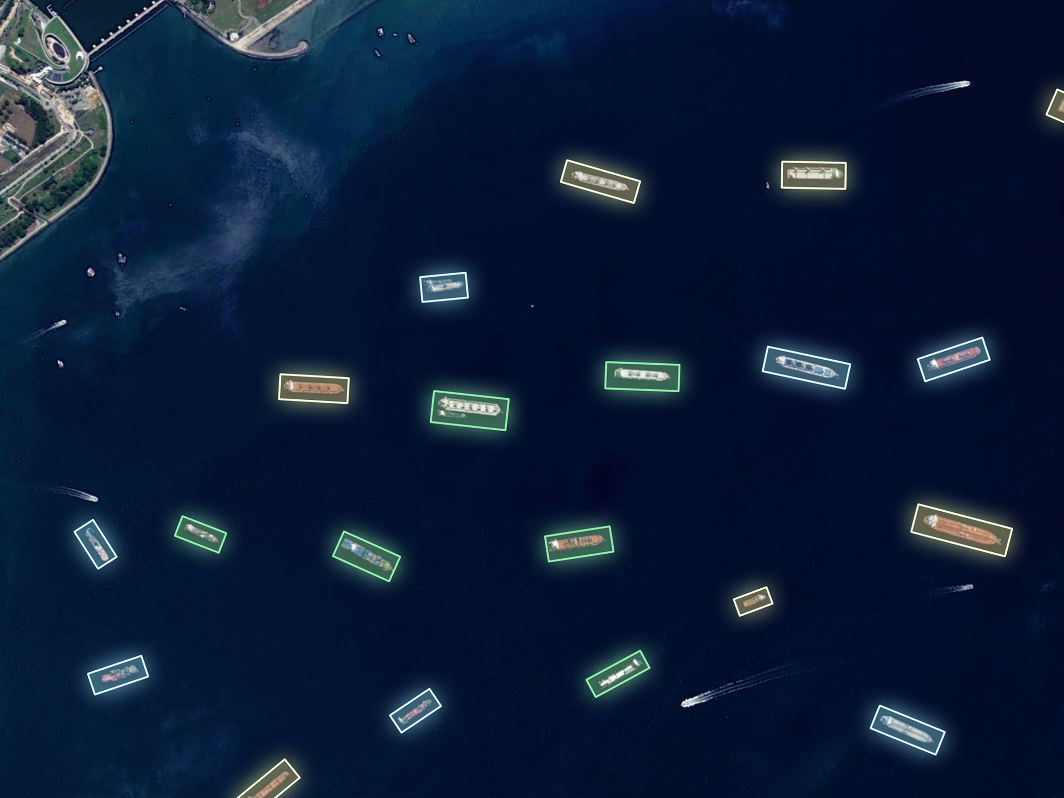 Ships near the Port of Singapore detected using a pre-trained machine learning model with ArcGIS Pro