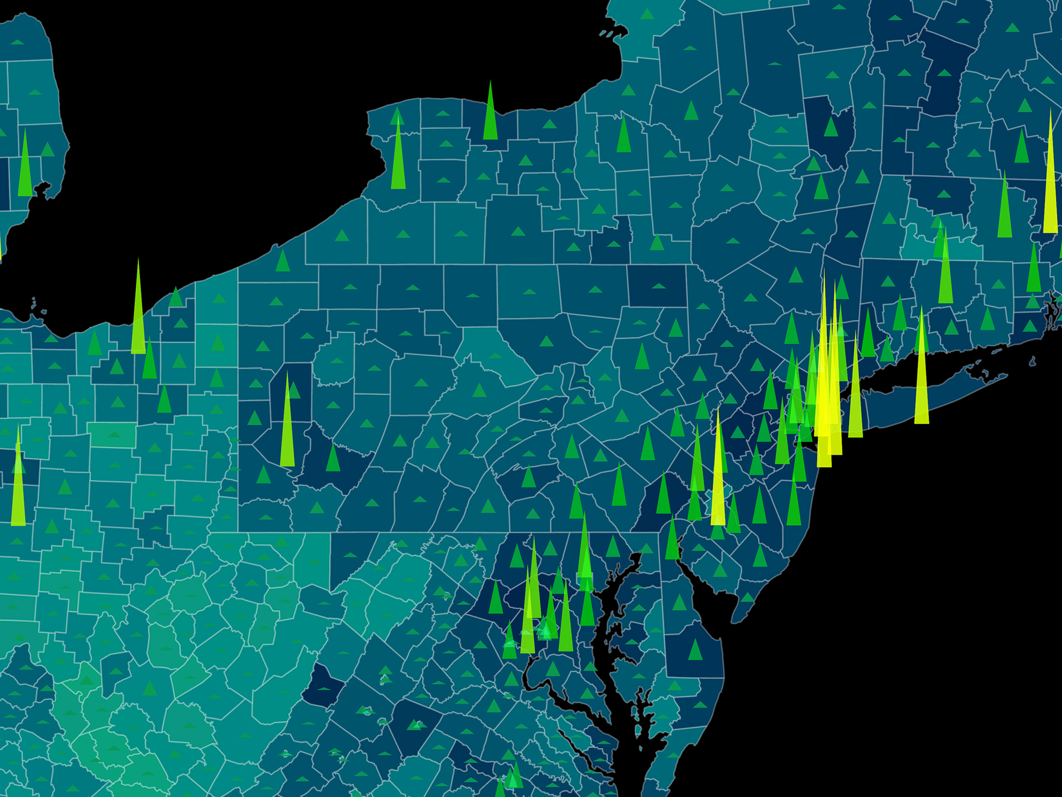 A map made with ArcGIS Pro showing US Census geospatial datasets for the eastern US using spike symbols