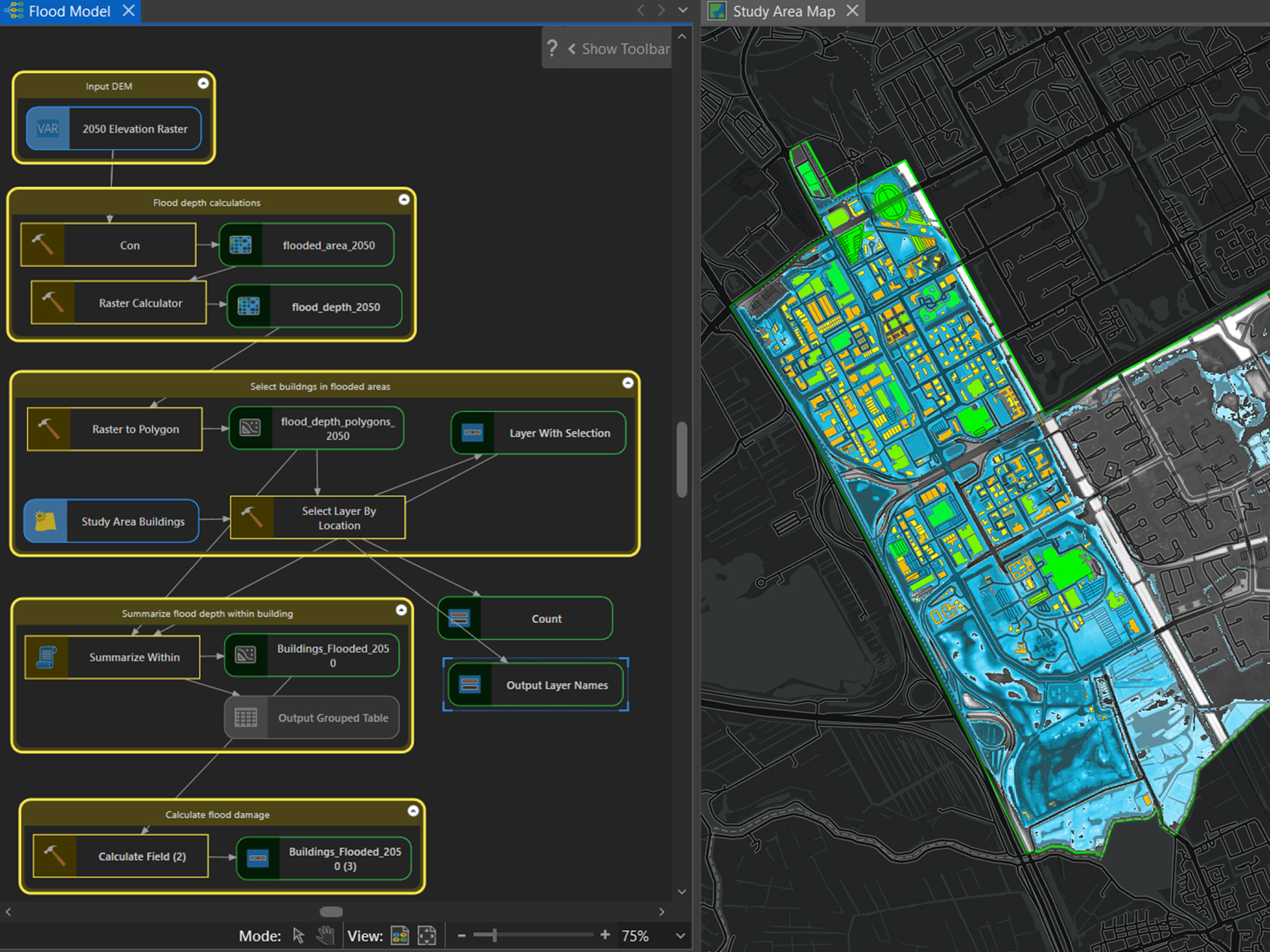 A screenshot showing the ModelBuilder geoprocessing tool in ArcGIS and a map of the results that highlight a building's vulnerability to flooding