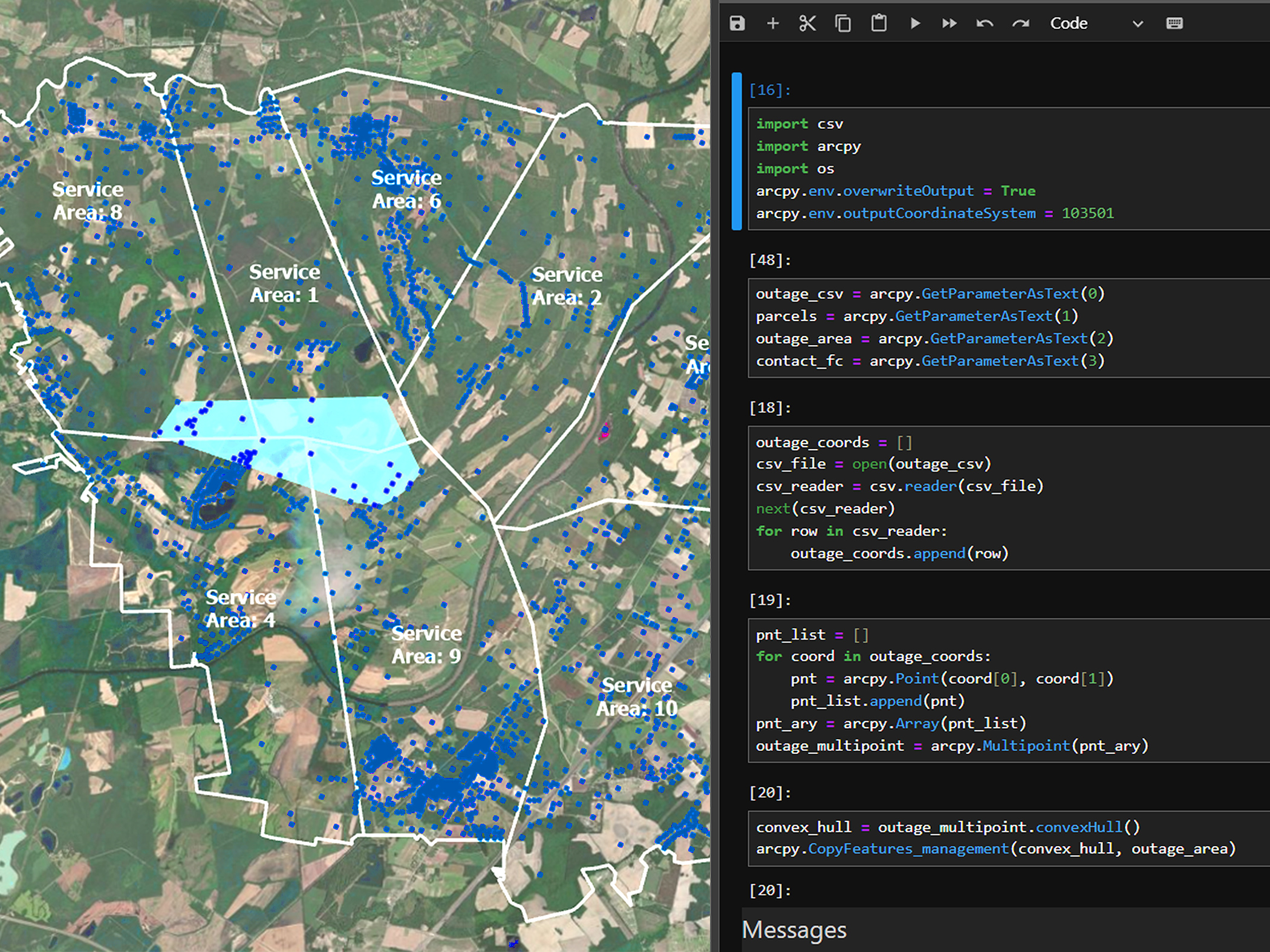 A Jupyter Notebook panel being used to calculate a power outage area based on land parcel data, alongside the resulting map