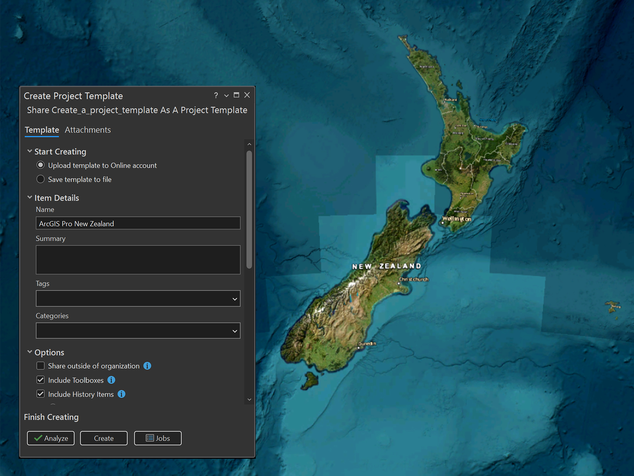 A digital map of New Zealand with an interface popup showing the Create Project Template tool in ArcGIS Pro