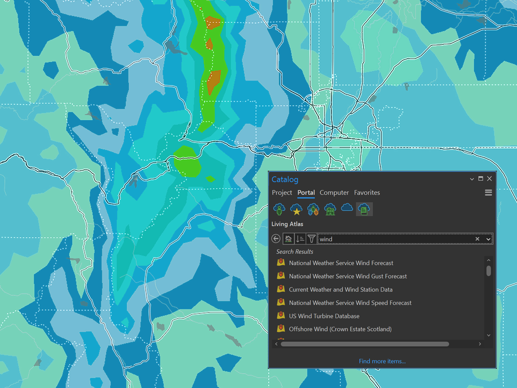 A digital map with varying blue, green, and orange colors shows precipitation forecast, alongside a window showing the data catalogue tool in ArcGIS Pro