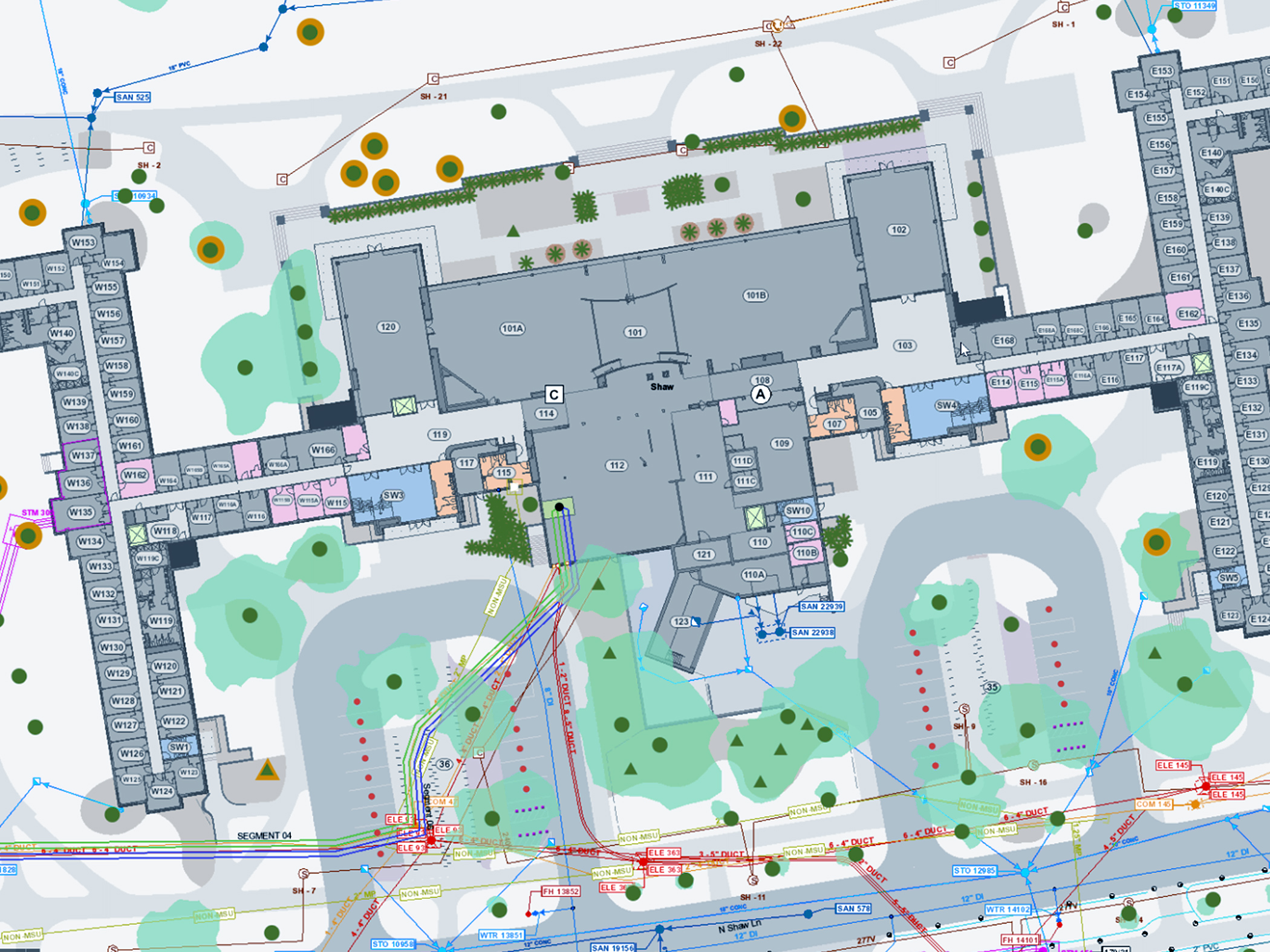 A map of an office building interior showing rooms and utilities