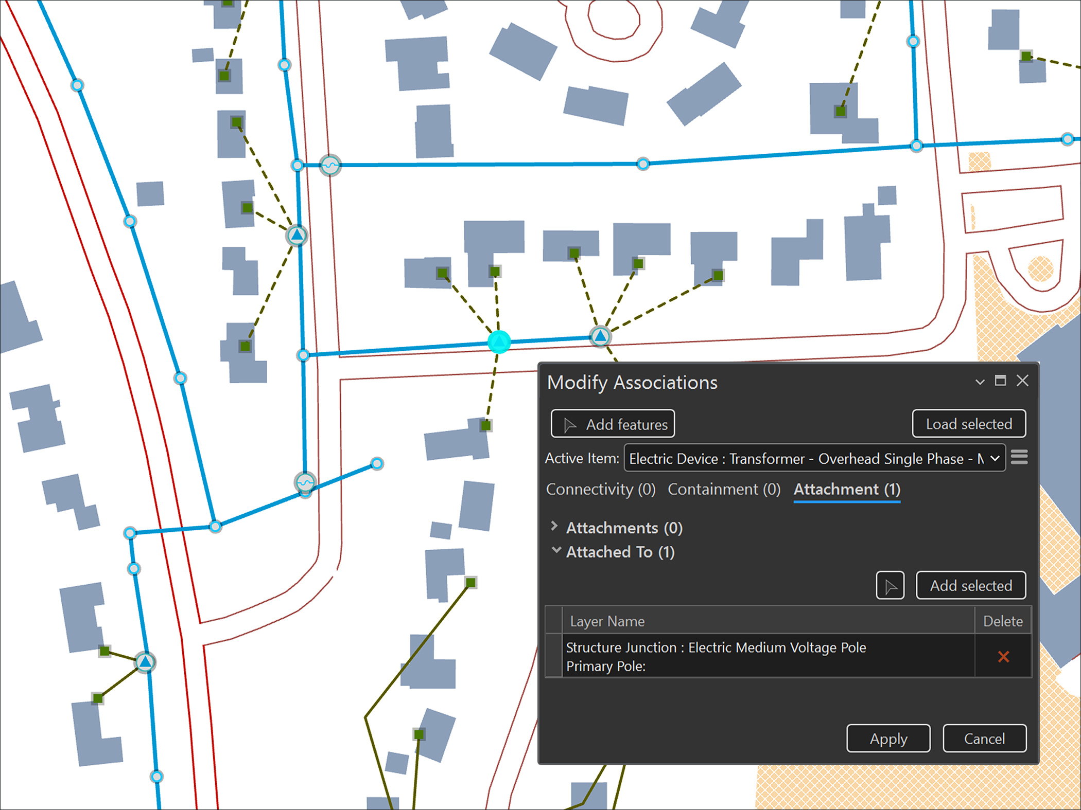 A digital map shows the connections in an electrical network, with the Modify Associations pane in ArcGIS Pro open for editing data