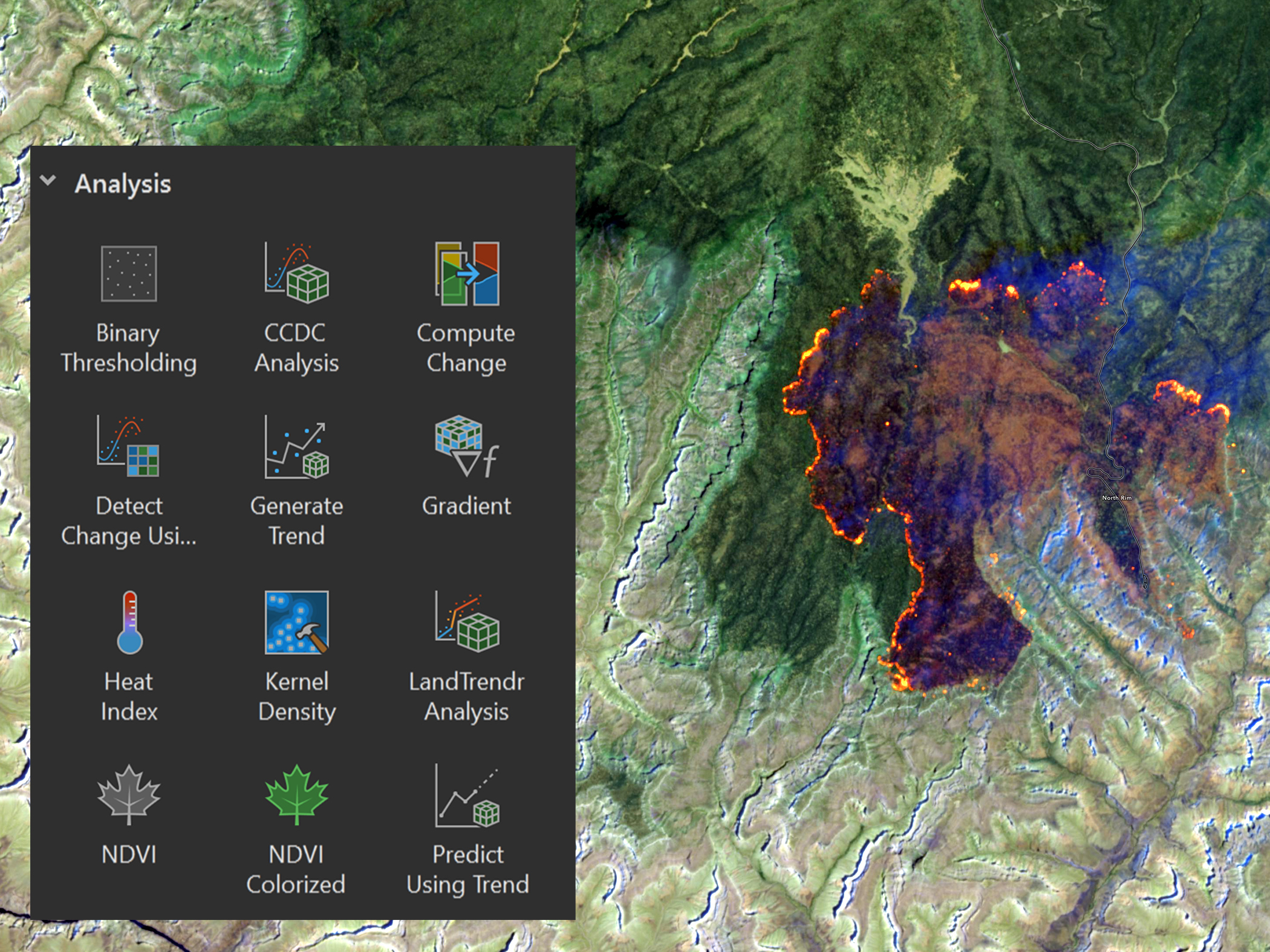 A map of an active wildfire near the Grand Canyon with a user interface panel showing various raster functions for image processing in ArcGIS Pro